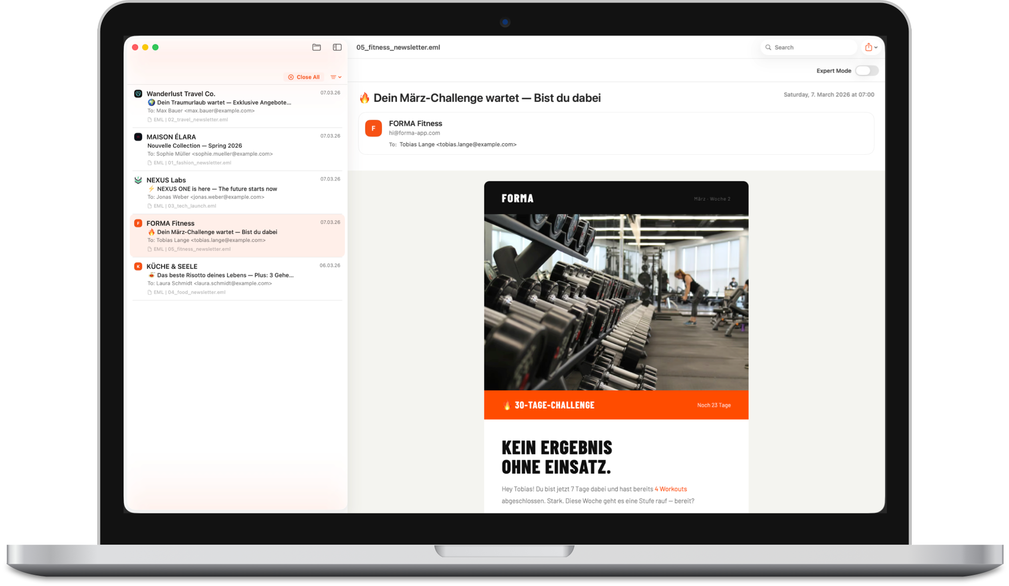 MailPeek app showing email inspection interface on macOS